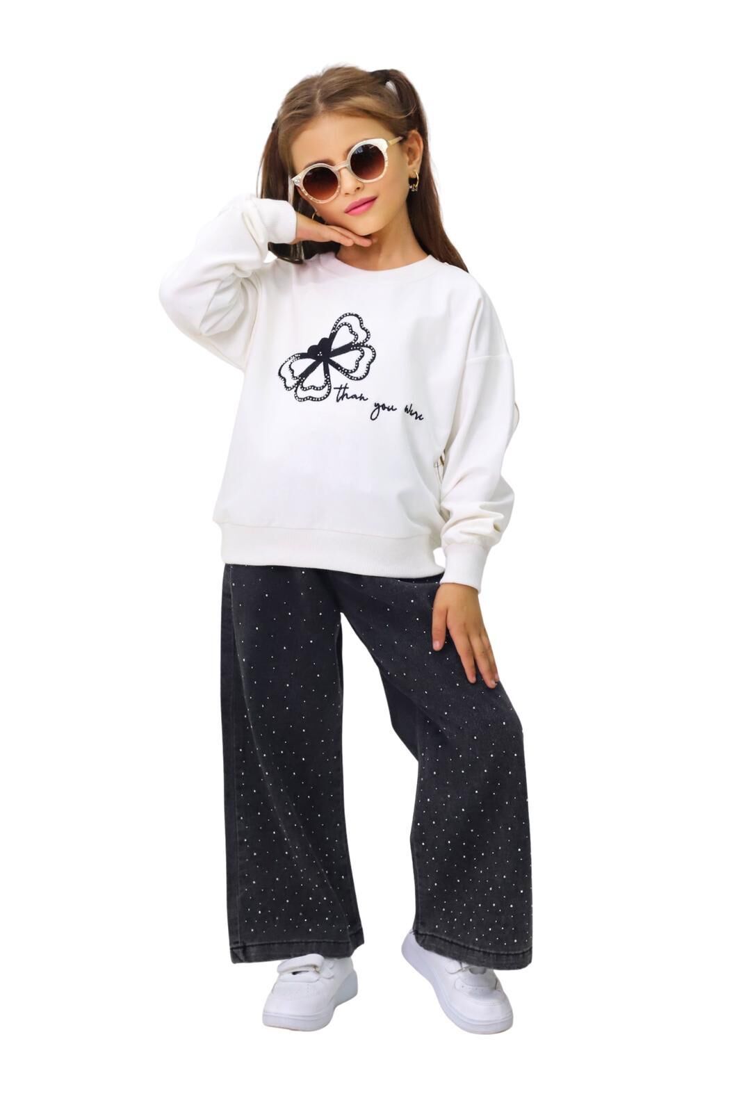 TAŞLI KELEBEK DETAYLI SWET VE TAŞLI KOT PONTOLONLU TAKIM