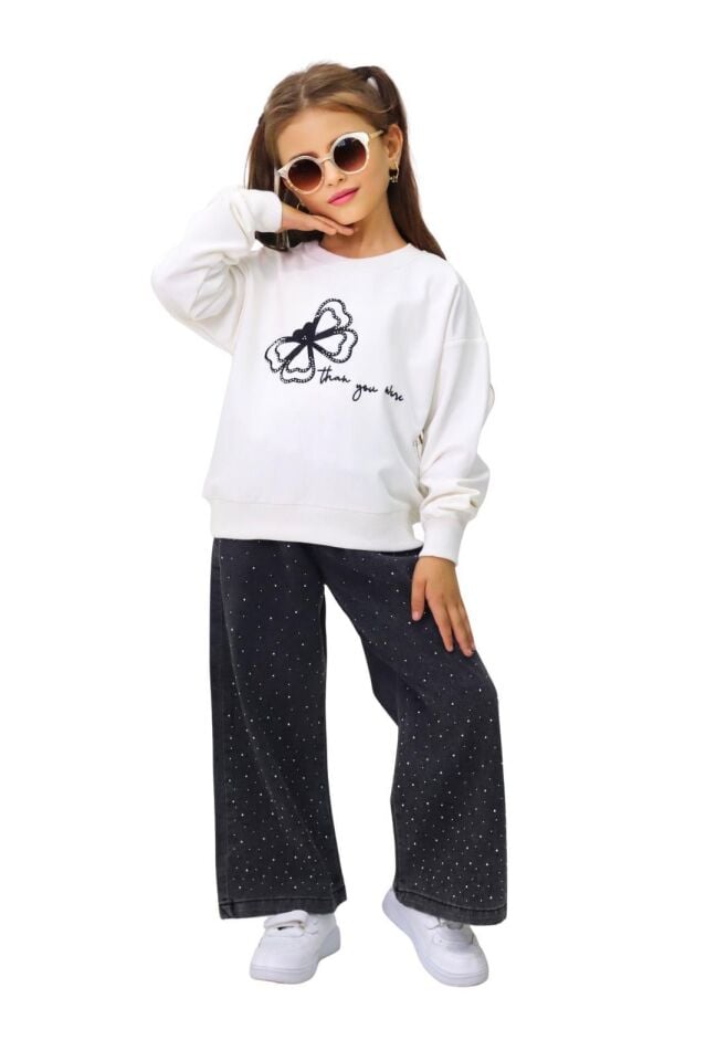 TAŞLI KELEBEK DETAYLI SWET VE TAŞLI KOT PONTOLONLU TAKIM