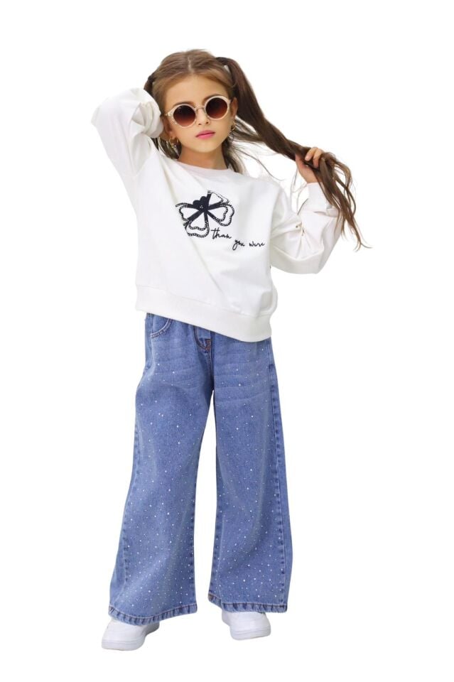 TAŞLI KELEBEK DETAYLI SWET VE TAŞLI KOT PONTOLONLU TAKIM