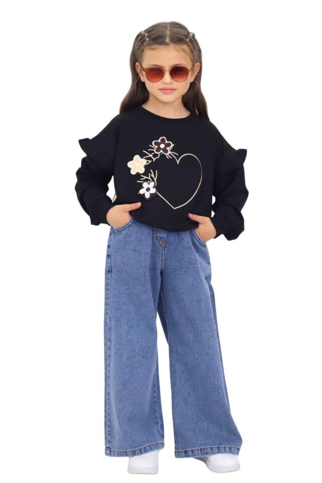 KALP VE ÇİÇEK DETAYLI SWET İLE KOT PANTOLONLU MEVSİMLİK TAKIM