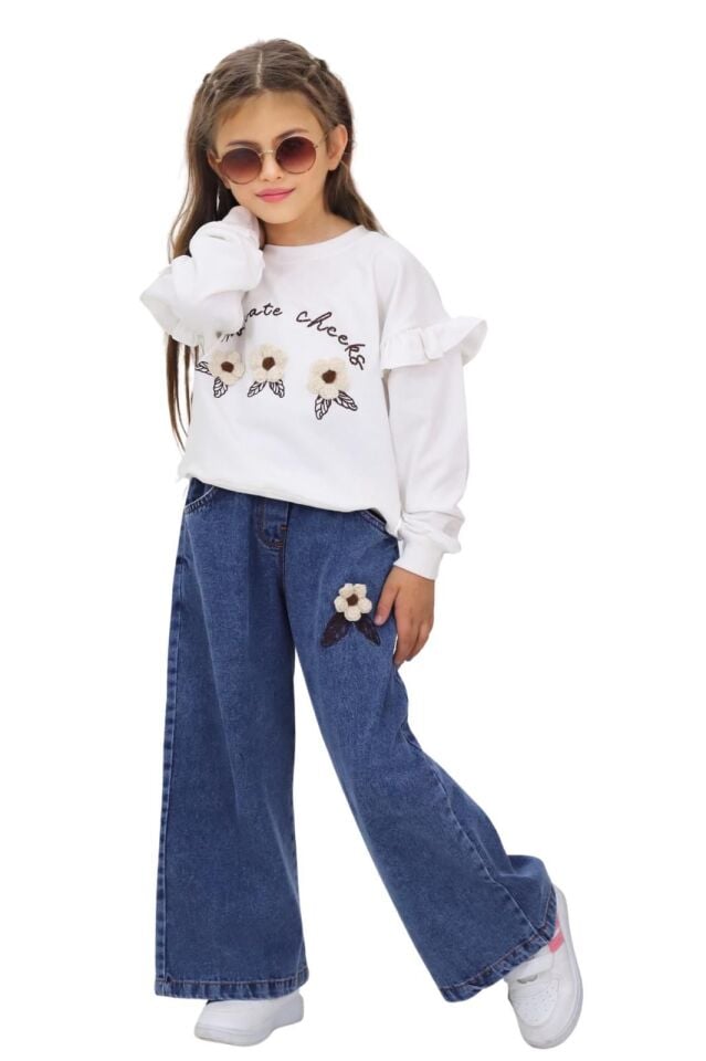 PAPATYA DETYALI SWET İLE KOT PANTOLONLU TAKIM