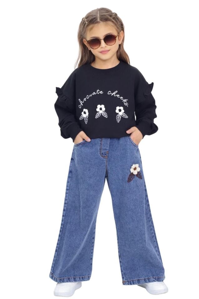 PAPATYA DETYALI SWET İLE KOT PANTOLONLU TAKIM