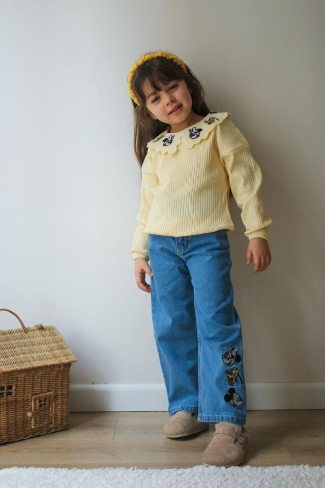 BEBE YAKA KOT PANTOLONLU KIZ ÇOCUK TAKIMI