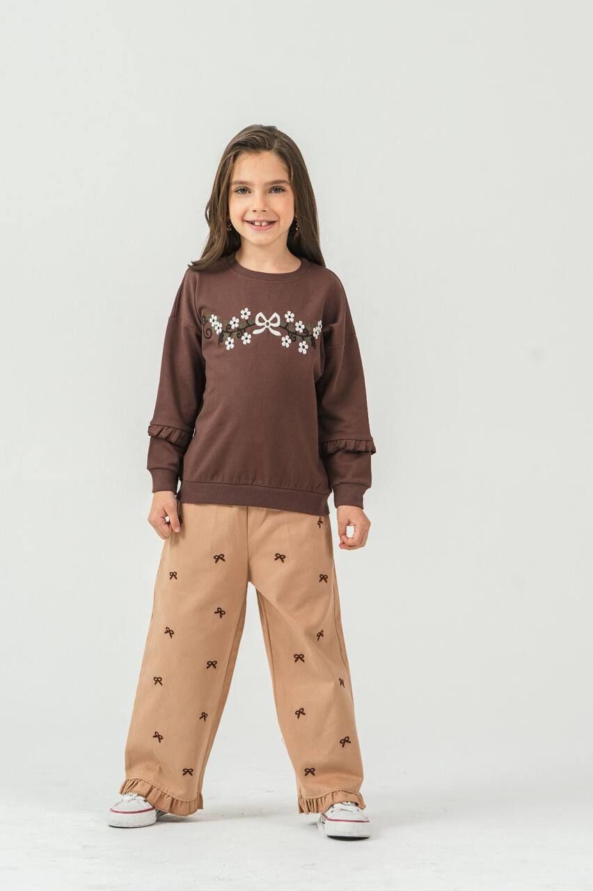 ÇİÇEK NAKIŞLI SWET VE KETEN PANTOLONLU TAKIM