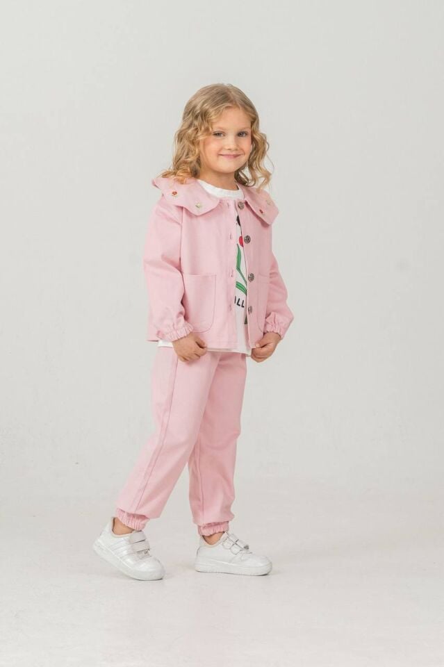 3'LÜ GABARDİN KUMAŞ KIZ ÇOCUK TAKIMI