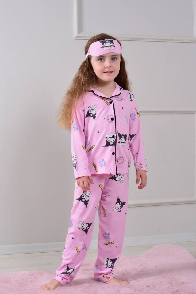 KUROMİ DESENLİ DÜĞMELİ KIZ ÇOCUK PİJAMA TAKIMI