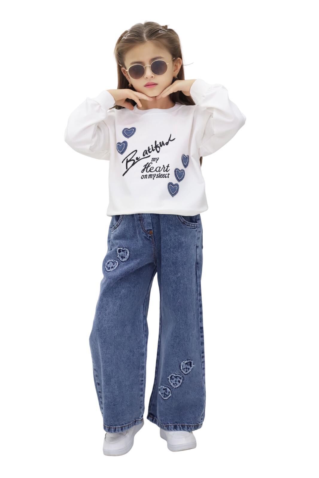 NAKIŞLI KALP DETAYLI SWET VE BELİ LASTİKLİ KOT PANTOLONLU MEVSİMLİK TAKIM