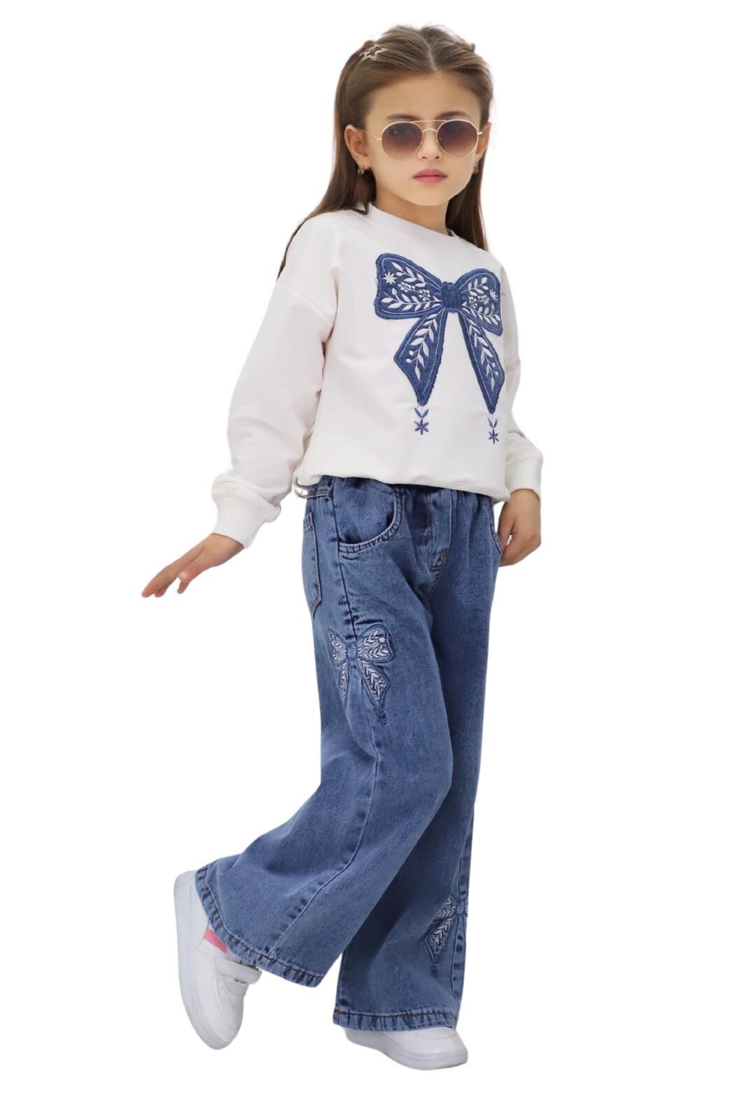 FİYONK DETAYLI SWET VE BELİ LASTİKLİ KOT PANTOLONLU MEVSİMLİK TAKIM