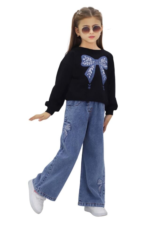 FİYONK DETAYLI SWET VE BELİ LASTİKLİ KOT PANTOLONLU MEVSİMLİK TAKIM