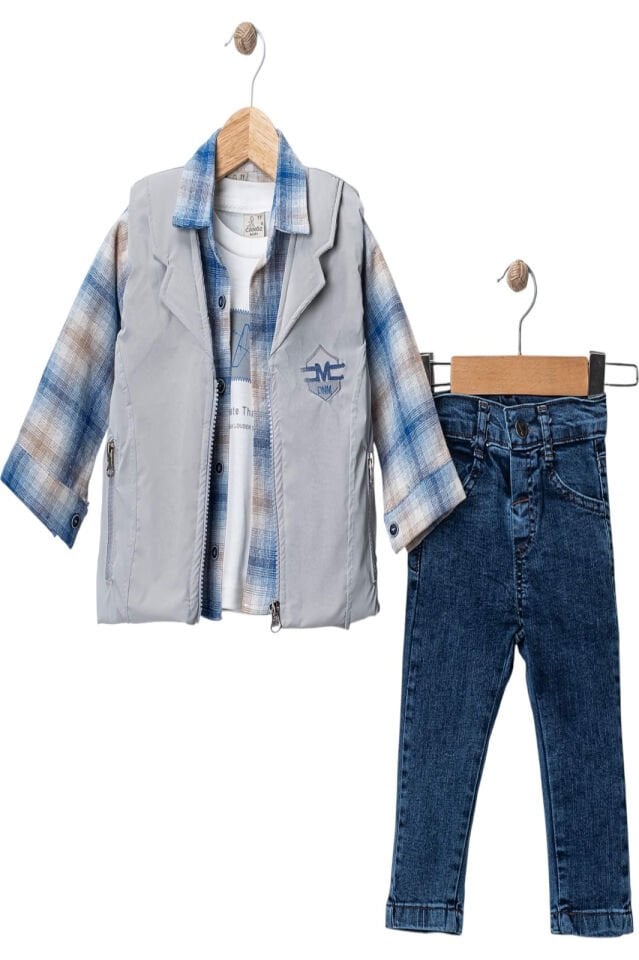 TŞÖRT-GÖLEK-YELEK VE KOT PANTOLONLU ERKEK ÇOCUK TAKIMI