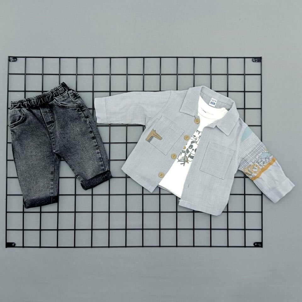 GÖMLEK-TŞÖRT VE KOT PANTOLONLU ERKEK BEBE TAKIMI