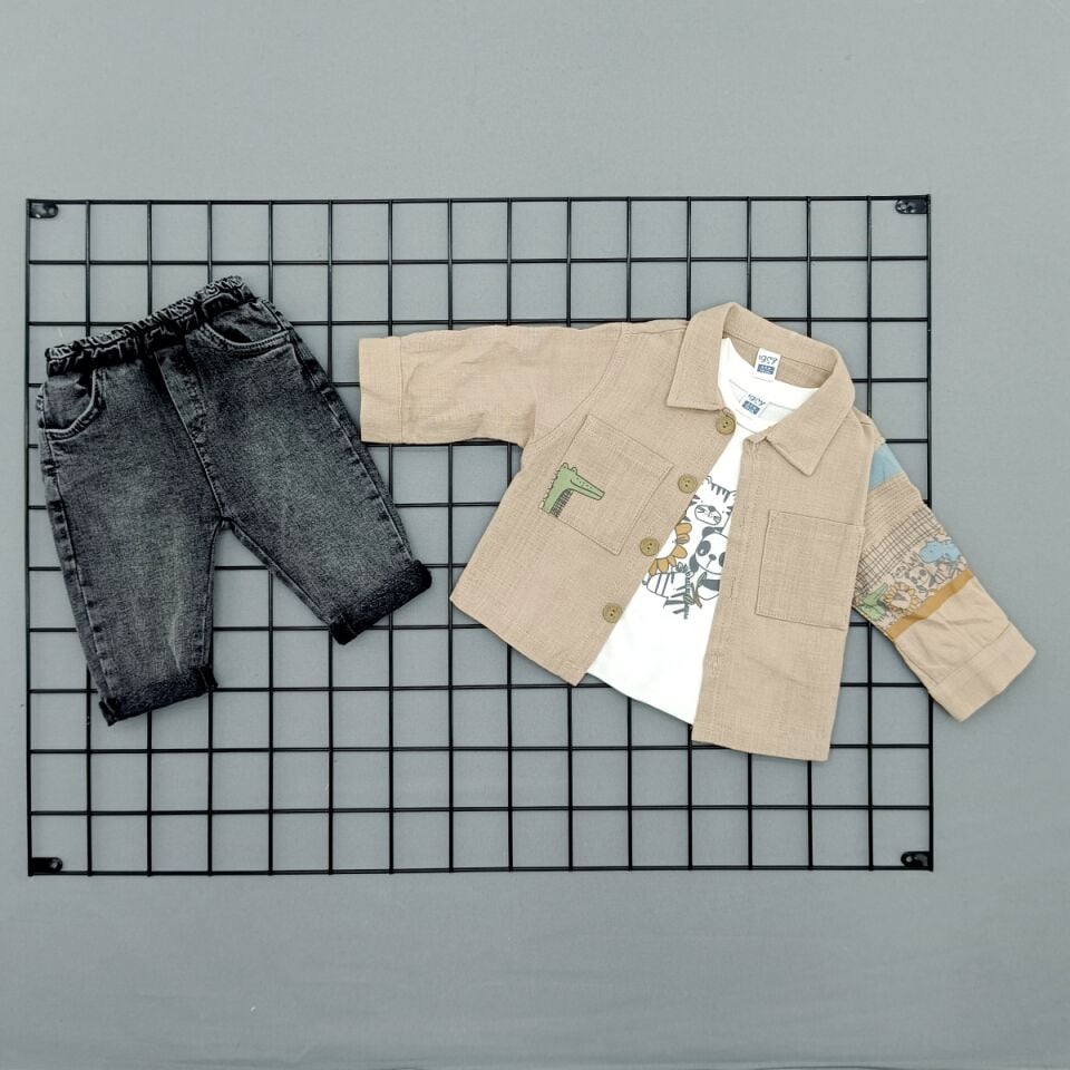 GÖMLEK-TŞÖRT VE KOT PANTOLONLU ERKEK BEBE TAKIMI