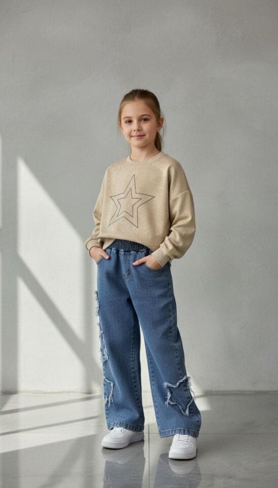 TAŞLI YILDIZ DESENLİ SWET VE BELİ LASTİKLİ KOT PANTOLONLU KIZ ÇOCUK TAKIMI