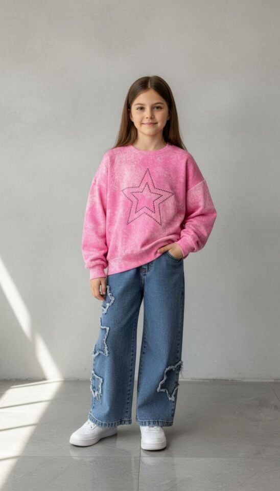 TAŞLI YILDIZ DESENLİ SWET VE BELİ LASTİKLİ KOT PANTOLONLU KIZ ÇOCUK TAKIMI