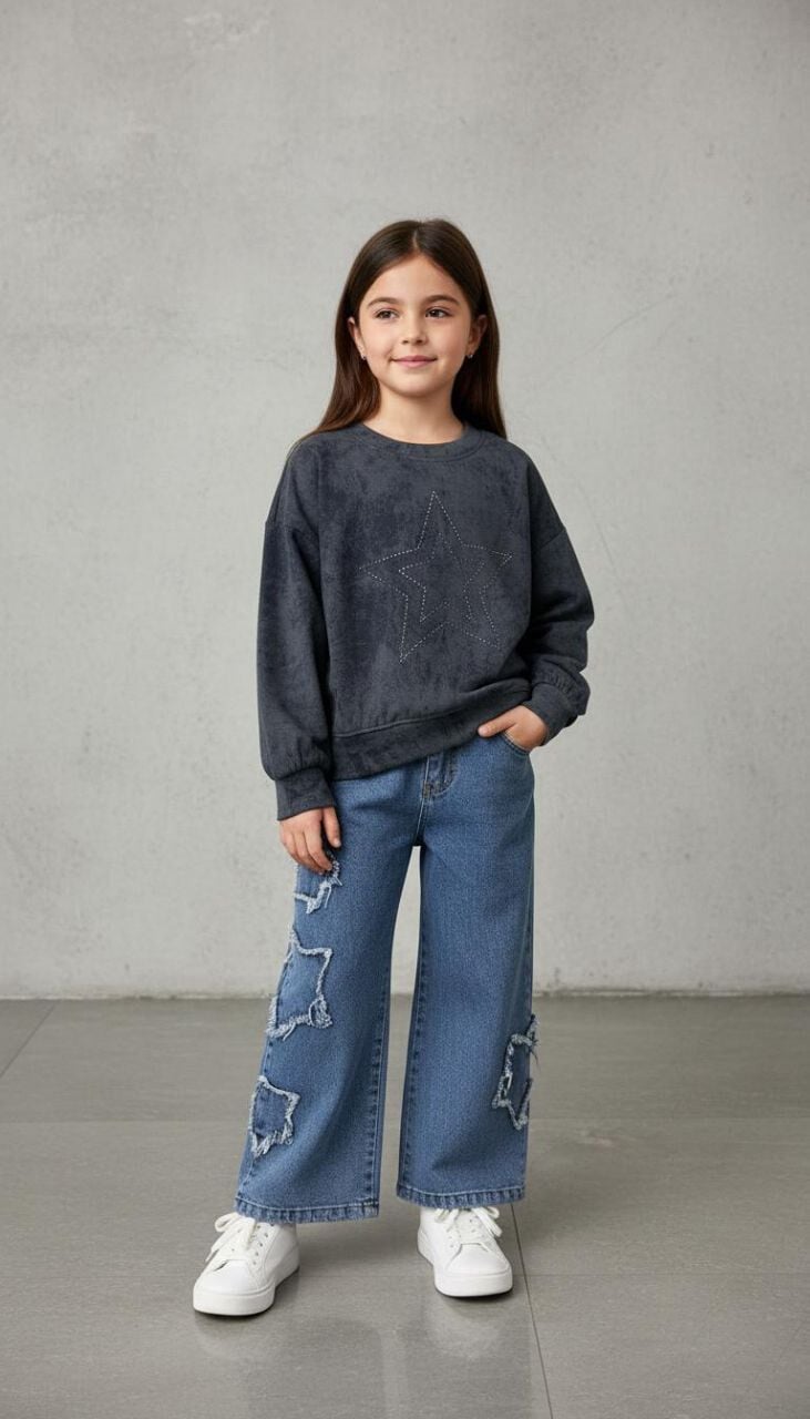 TAŞLI YILDIZ DESENLİ SWET VE BELİ LASTİKLİ KOT PANTOLONLU KIZ ÇOCUK TAKIMI