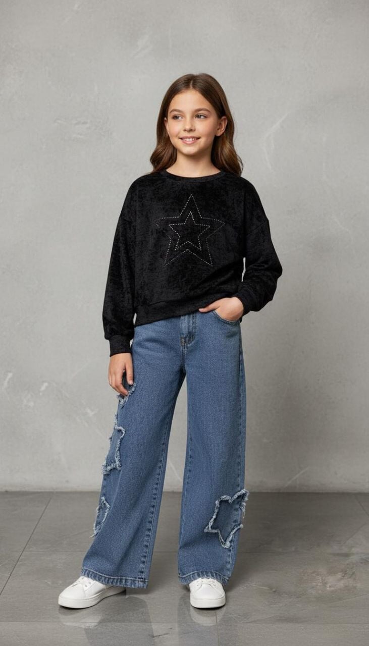 TAŞLI YILDIZ DESENLİ SWET VE BELİ LASTİKLİ KOT PANTOLONLU KIZ ÇOCUK TAKIMI