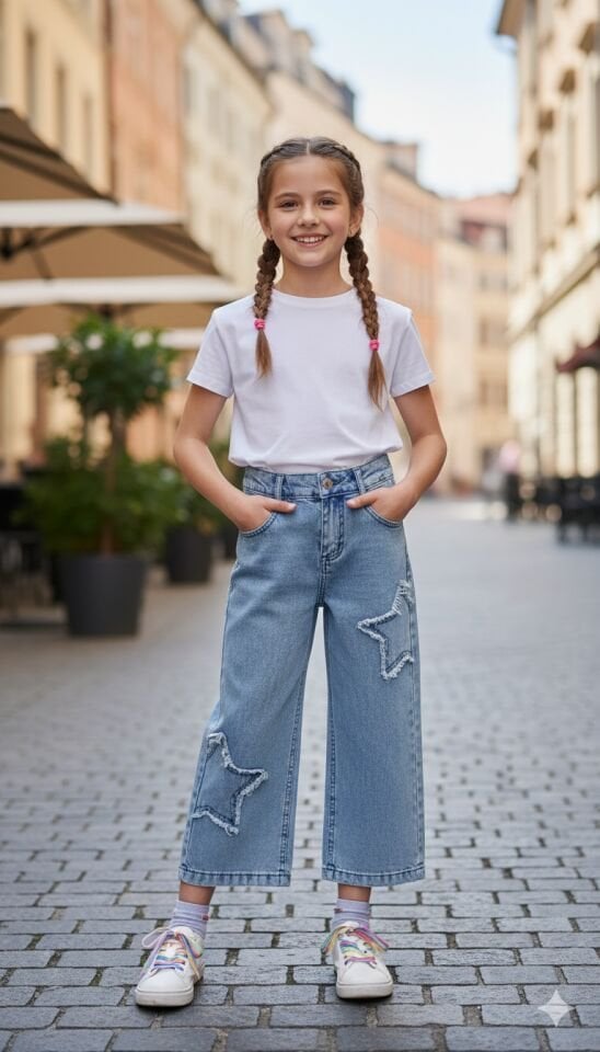 YARIM YILDIZ DESENLİ BOL KESİM KOT PANTOLON