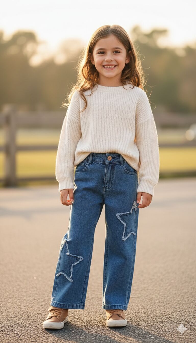 YARIM YILDIZ DESENLİ BOL KESİM KOT PANTOLON