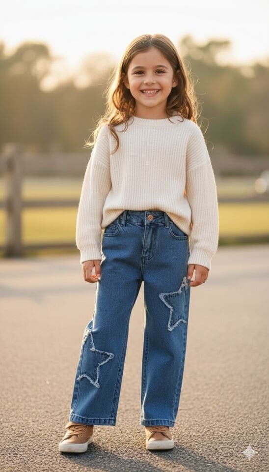 YARIM YILDIZ DESENLİ BOL KESİM KOT PANTOLON