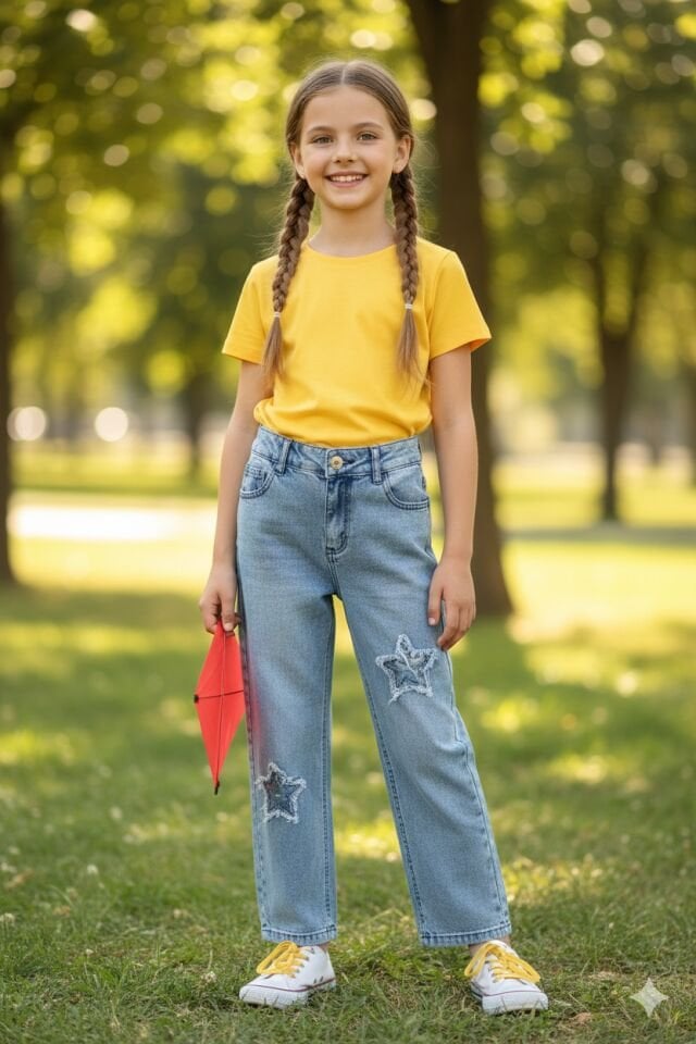 YILDIZ DESENLİ BOL KESİM KOT PANTOLON